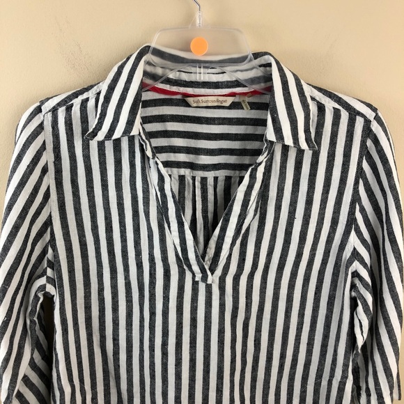 Soft Surroundings Top Womens PM Black White 100% Linen Tunic Pullover Collared - Picture 1 of 8